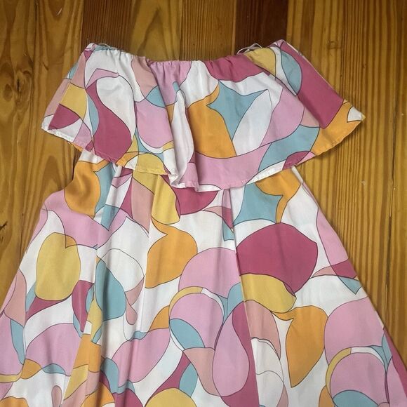 Japna Ruffle Geometric Print Strapless Maxi Dress Sz S Abstract Colorful Retro - Picture 11 of 15